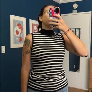White House Black Market Black and White Striped mock neck sweater Tank Top